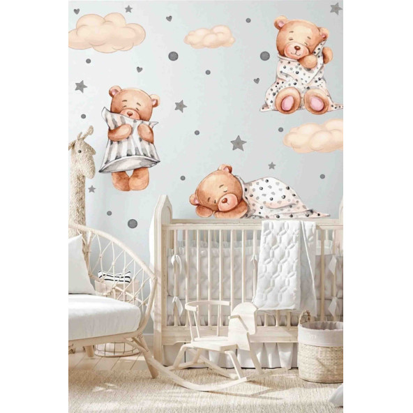 3'lü Uyuyan Ayıcık Bulutlar Ve Yıldızlar Çocuk Bebek Odası Sticker Seti 35x50