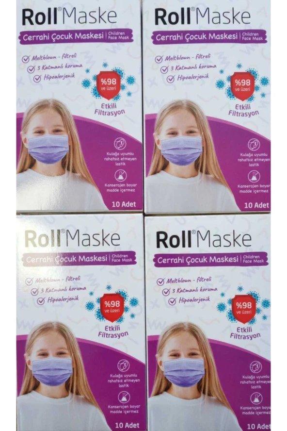 Roll 3 Katlı Kız Çocuk Mor Cerrahi Maske Telli 10lu 4 Kutu