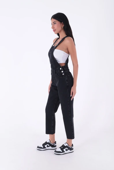 Yanları Düğme Detaylı Dekoratif Cepli Astarsız Mom Fit Kadın Kot Tulum Antrasit Denim Dört Mevsim - 2