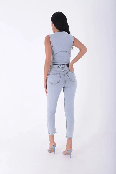 Yüksek Belli ve Yırtıklı Cepli Bilek Boy Kadın Kot Pantolon Normal Koyu Mavi Denim Dört Mevsim - 3