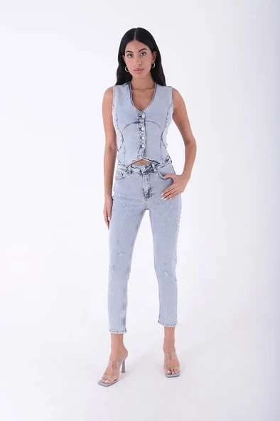 Yüksek Belli ve Yırtıklı Cepli Bilek Boy Kadın Kot Pantolon Normal Koyu Mavi Denim Dört Mevsim