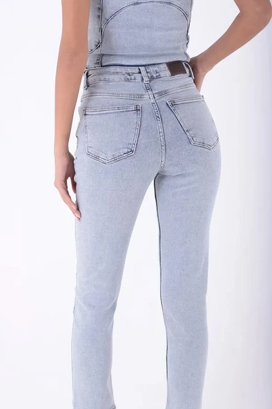 Yüksek Belli ve Yırtıklı Cepli Bilek Boy Kadın Kot Pantolon Normal Koyu Mavi Denim Dört Mevsim - 5