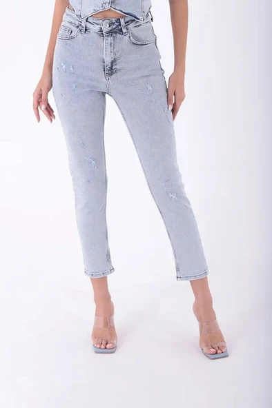 Yüksek Belli ve Yırtıklı Cepli Bilek Boy Kadın Kot Pantolon Normal Koyu Mavi Denim Dört Mevsim - 2