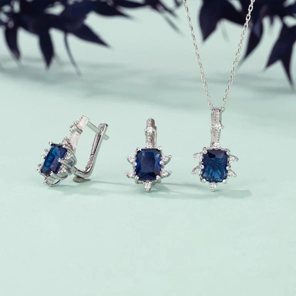 Gümüş Pazarım Pırlanta Montür Prenses Tektaş Gümüş Set Safir