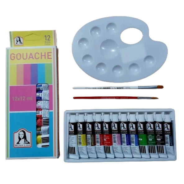 12 renk guaj boya seti ipek fırçalı oval paletli 12x12 ml ürün görseli 1