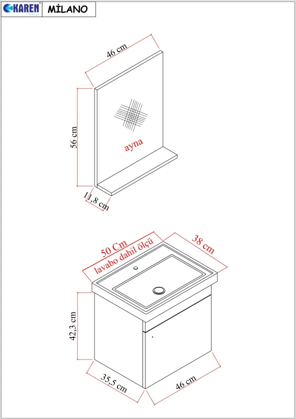 KAREN BANYO Milano 50 Cm Lavabolu Banyo Dolabı,lavabo Dahil, Ayna Dahil,sonomo Meşe - 4