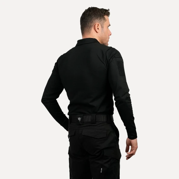 Siyah Uzun Kollu Taktik Polo Yaka Tişört, 2 Cepli Uzun Kollu T-shirt - 5