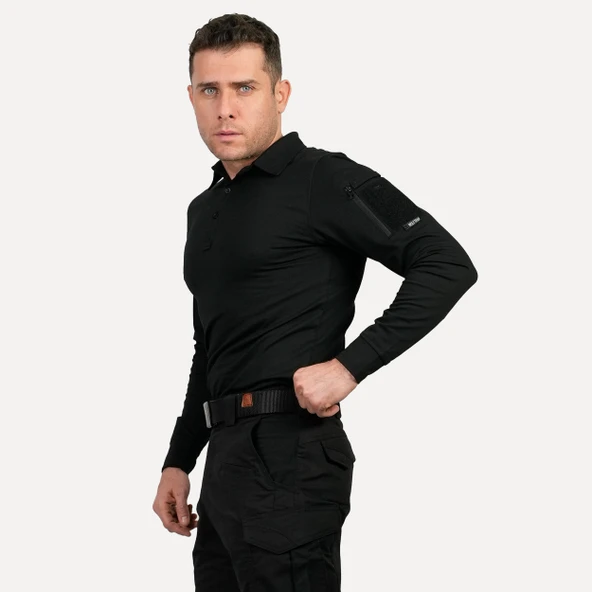 Siyah Uzun Kollu Taktik Polo Yaka Tişört, 2 Cepli Uzun Kollu T-shirt - 4