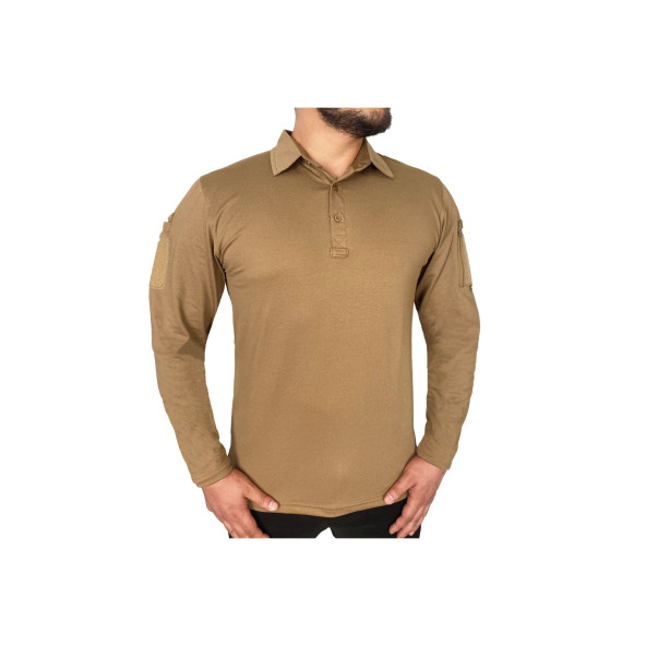 Wolftrap Tactical Koyu Bej Uzun Kollu Taktik Polo Yaka Tişört, 2 Cepli Uzun Kollu T-shirt