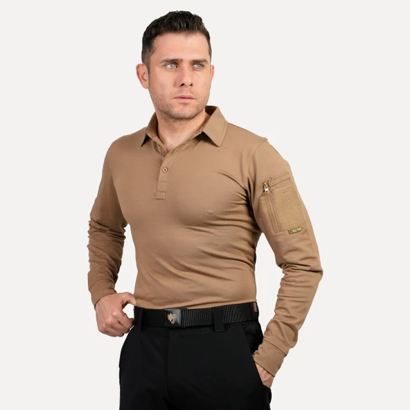 Wolftrap Tactical Koyu Bej Uzun Kollu Taktik Polo Yaka Tişört, 2 Cepli Uzun Kollu T-shirt - 2