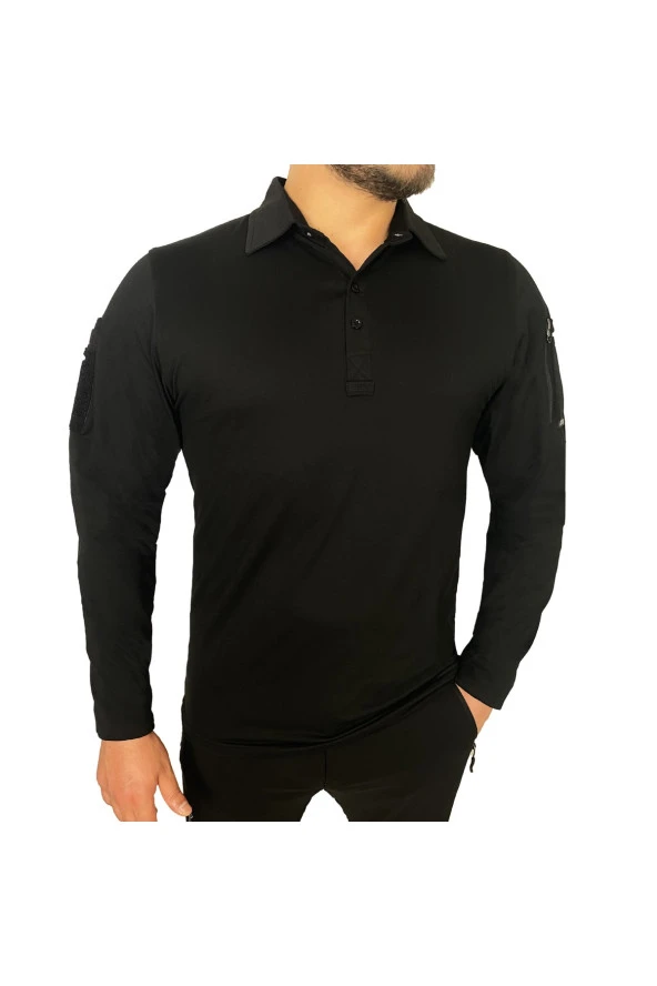 Siyah Uzun Kollu Taktik Polo Yaka Tişört, 2 Cepli Uzun Kollu T-shirt
