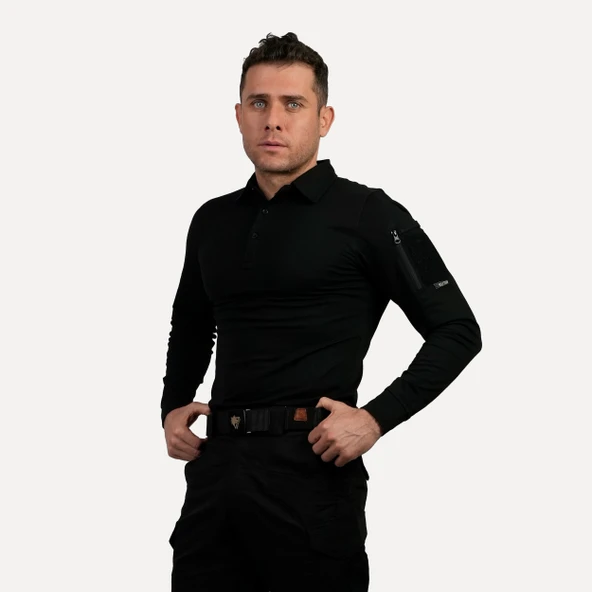 Siyah Uzun Kollu Taktik Polo Yaka Tişört, 2 Cepli Uzun Kollu T-shirt - 3