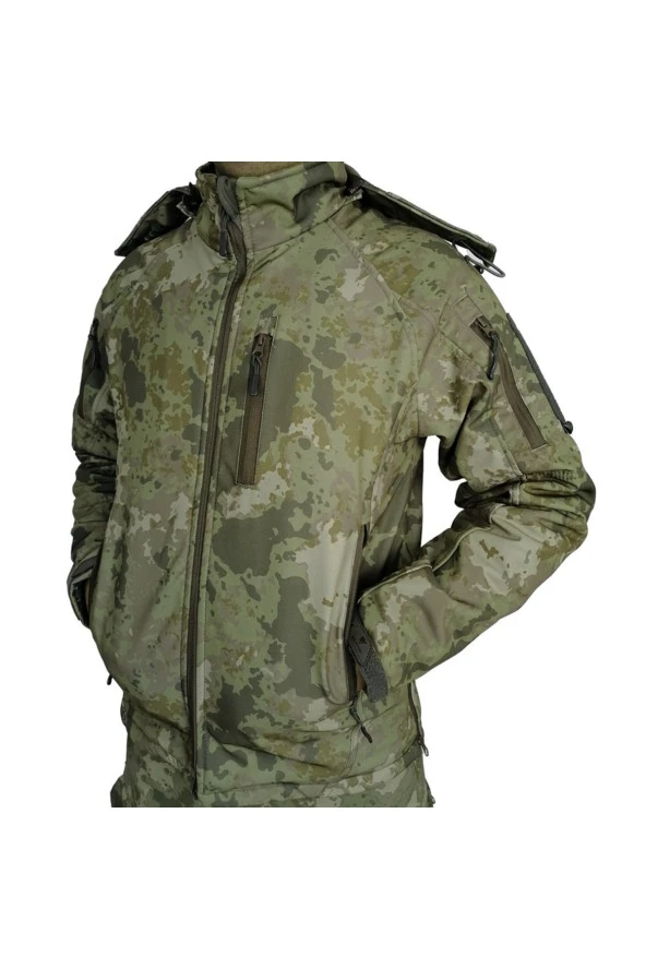 Wolftrap Tactical Askeri Kamuflaj Desenli 5 Cepli Kapüşonlu Softshell Mont