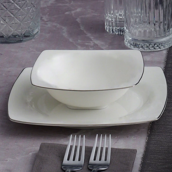 GÜRAL PORSELEN Caroline 85 Parça 12 Kişilik Kare Yemek Takımı Gümüş Yaldız  220 - Resim 3