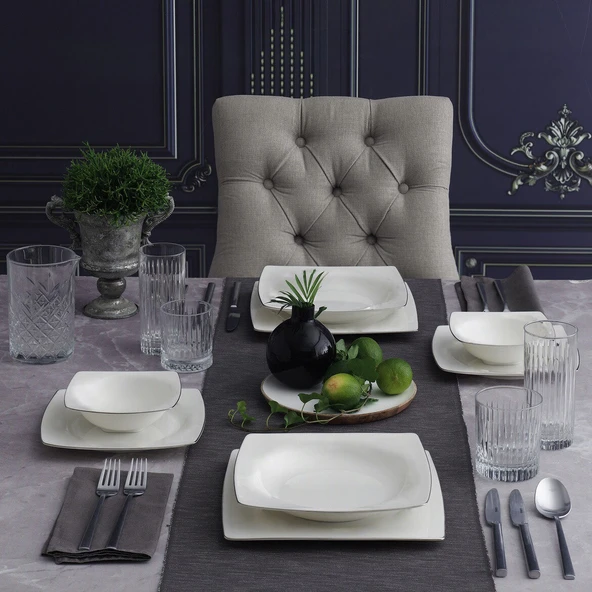 GÜRAL PORSELEN Caroline 85 Parça 12 Kişilik Kare Yemek Takımı Gümüş Yaldız  220 ürün görseli 1