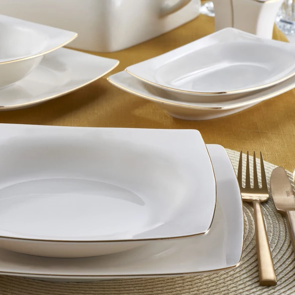 GÜRAL PORSELEN Caroline 62 Parça 12 Kişilik Kare Yemek Takımı Altın Yaldız  20 - Resim 2