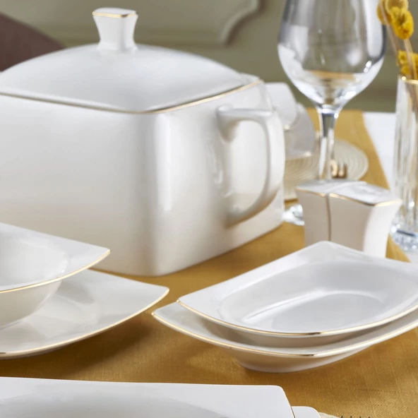 GÜRAL PORSELEN Caroline 62 Parça 12 Kişilik Kare Yemek Takımı Altın Yaldız  20 - Resim 3