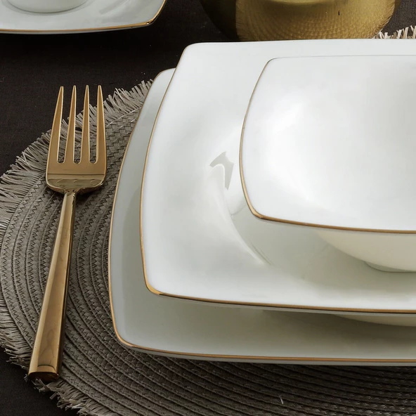 GÜRAL PORSELEN Caroline 62 Parça 12 Kişilik Kare Yemek Takımı Altın Yaldız  20 - Resim 4