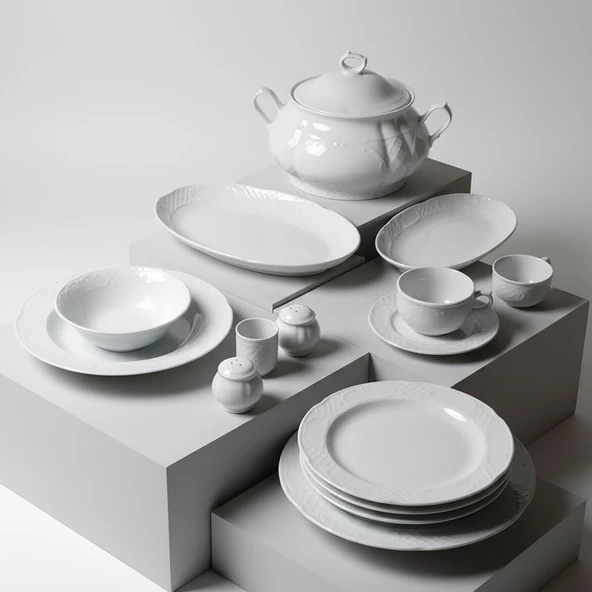 GÜRAL PORSELEN Bone Safir 82 Parça 12 Kişilik Rölyefli  Yemek Takımı - Resim 2