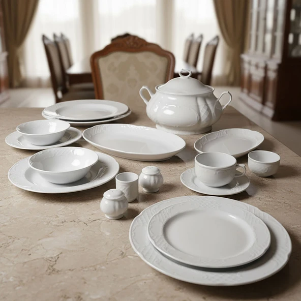 GÜRAL PORSELEN Bone Safir 82 Parça 12 Kişilik Rölyefli  Yemek Takımı - Resim 3