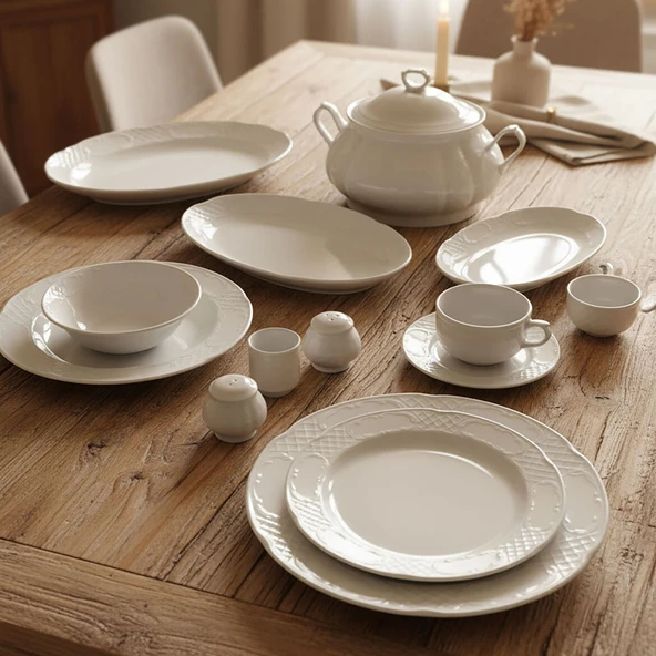 GÜRAL PORSELEN Bone Safir 82 Parça 12 Kişilik Rölyefli  Yemek Takımı ürün görseli 1
