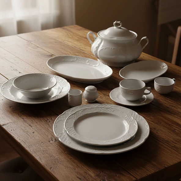 GÜRAL PORSELEN Bone Safir 82 Parça 12 Kişilik Rölyefli  Yemek Takımı - Resim 5