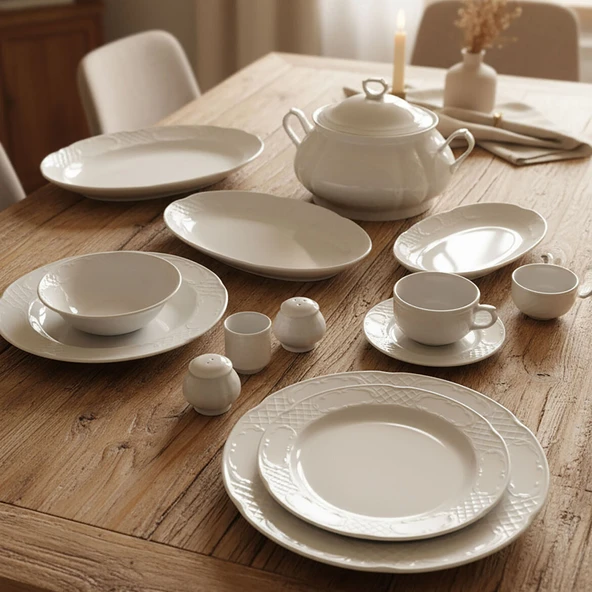 GÜRAL PORSELEN Bone Safir 82 Parça 12 Kişilik Rölyefli  Yemek Takımı - Resim 6