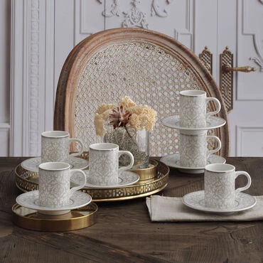 GÜRAL PORSELEN Camelia 12 Parça 6 Kişilik Bone Türk Kahvesi Fincan Takımı - 5595 - 2