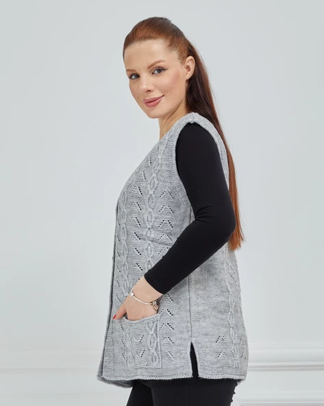 Kadın V Yaka Zincir Örgü Cepli Yün Anne Triko Yelek - 10