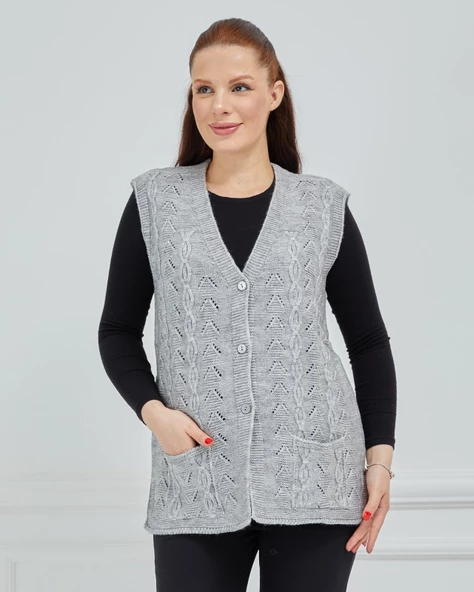 Kadın V Yaka Zincir Örgü Cepli Yün Anne Triko Yelek - 8