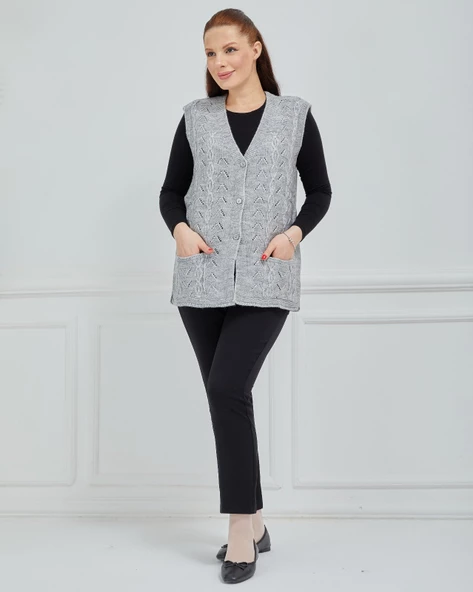 Kadın V Yaka Zincir Örgü Cepli Yün Anne Triko Yelek - 11
