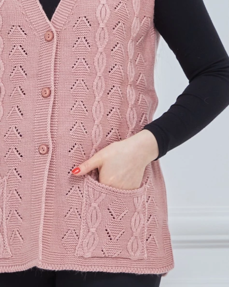 Kadın V Yaka Zincir Örgü Cepli Yün Anne Triko Yelek - 4