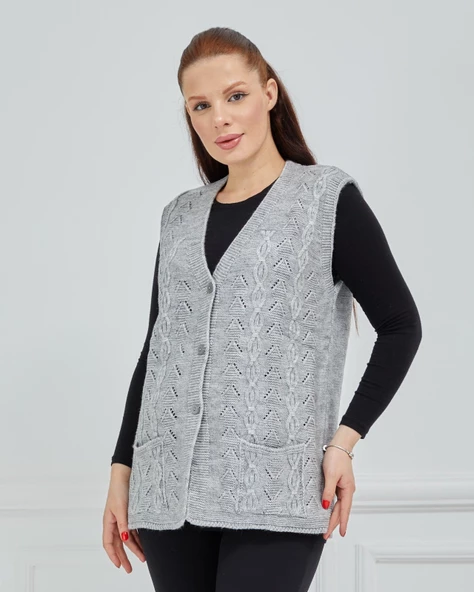 Kadın V Yaka Zincir Örgü Cepli Yün Anne Triko Yelek - 9