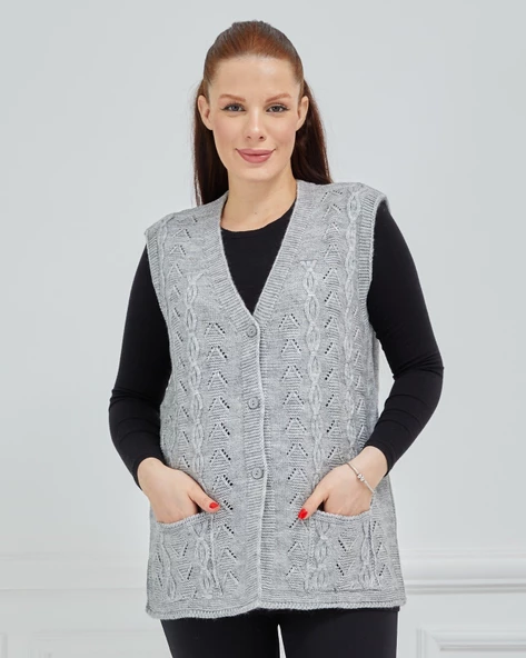 Kadın V Yaka Zincir Örgü Cepli Yün Anne Triko Yelek - 7