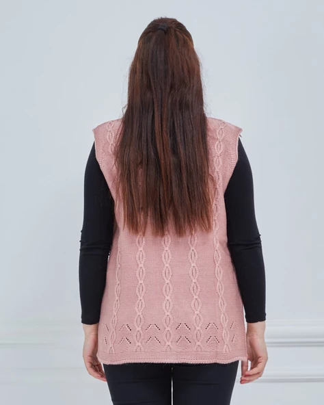 Kadın V Yaka Zincir Örgü Cepli Yün Anne Triko Yelek - 6
