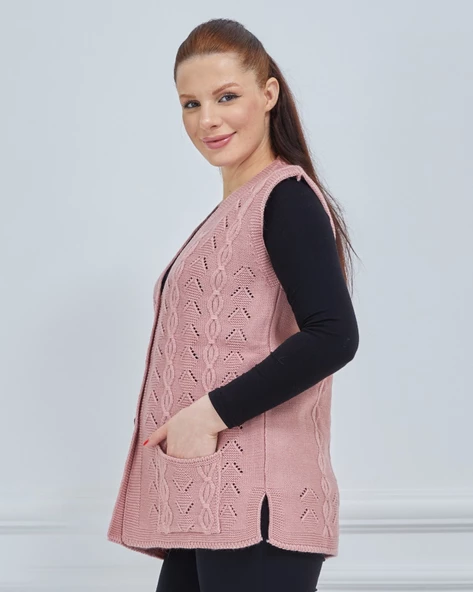 Kadın V Yaka Zincir Örgü Cepli Yün Anne Triko Yelek - 3