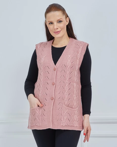 Kadın V Yaka Zincir Örgü Cepli Yün Anne Triko Yelek - 2