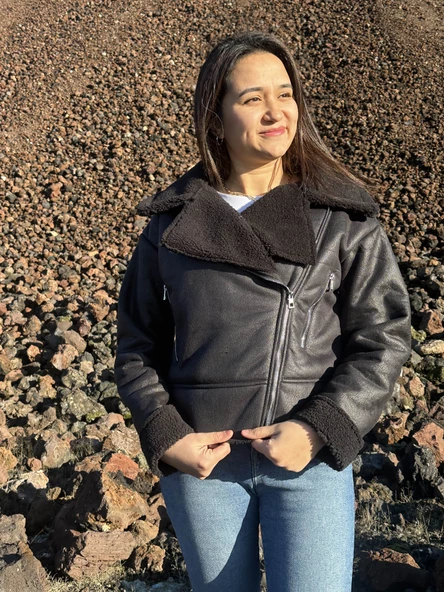 İçi Suni Kürklü Suni Süet Crop Biker Ceket - 5