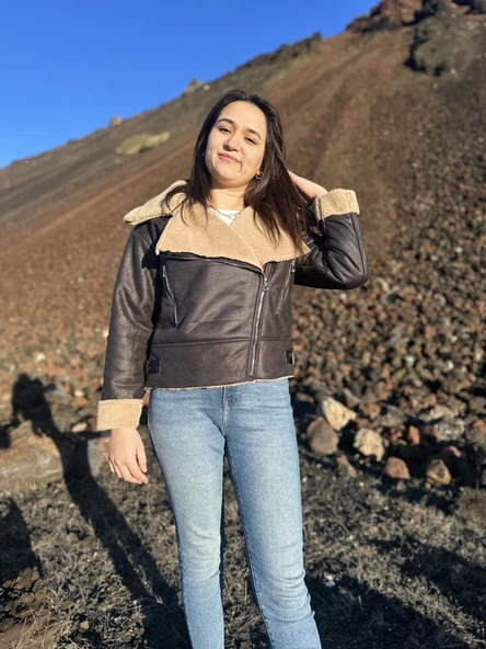 İçi Suni Kürklü Suni Süet Crop Biker Ceket - 2