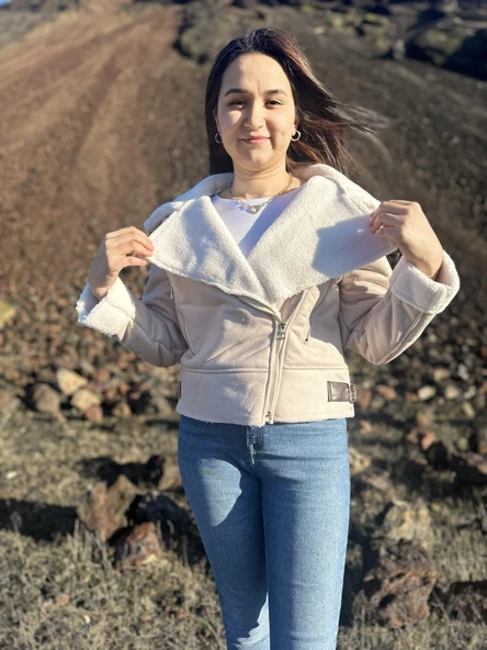 İçi Suni Kürklü Suni Süet Crop Biker Ceket - 11