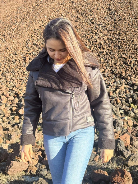 İçi Suni Kürklü Suni Süet Crop Biker Ceket - 6