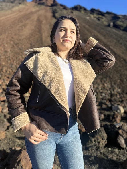 İçi Suni Kürklü Suni Süet Crop Biker Ceket - 9