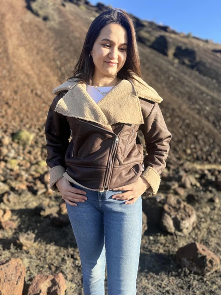 İçi Suni Kürklü Suni Süet Crop Biker Ceket - 7