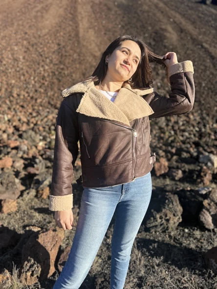 İçi Suni Kürklü Suni Süet Crop Biker Ceket - 8