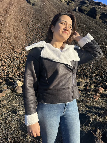 İçi Suni Kürklü Suni Süet Crop Biker Ceket - 3