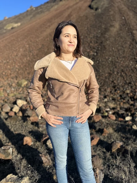 İçi Suni Kürklü Suni Süet Crop Biker Ceket - 12