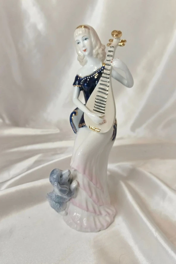 El İşi Seramik Biblo Heykel Enstürüman Çalan  Kadın - Resim 5