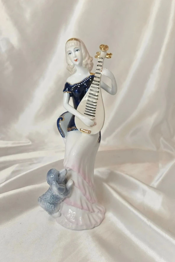 El İşi Seramik Biblo Heykel Enstürüman Çalan  Kadın - Resim 6