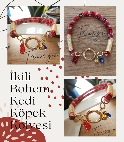 İkili Kedi Köpek Boyun Tasması Bohem Kedi Kolyesi Yaylı Kilit - Kırmızı - 2