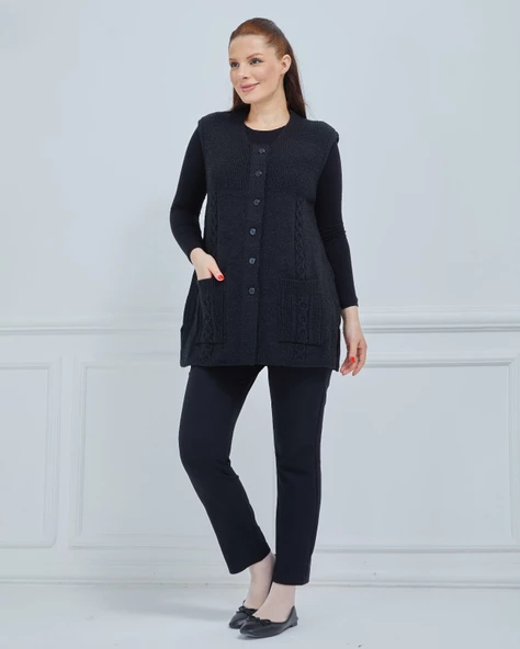 Kadın Yuvarlak Yaka Triko Cepli Düğmeli Kışlık Yün Yelek - 4